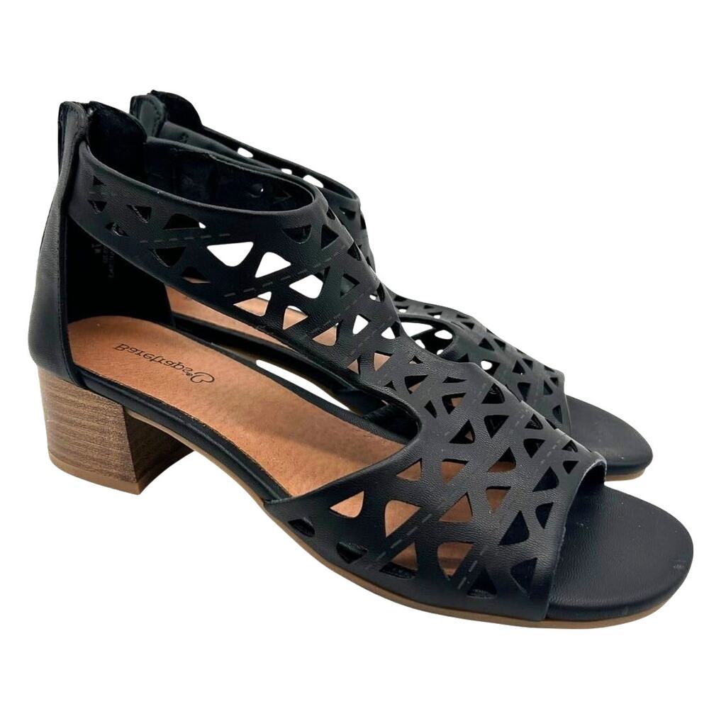 Baretraps Vachel Laser Cut Sandals Black Ankle Strap Block Heel Size 7 Summer